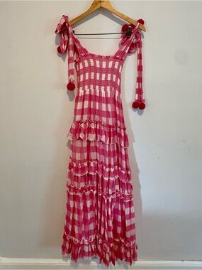 Pink Gingham Tie-Shoulder Maxi Dress with Ruffle Tiers